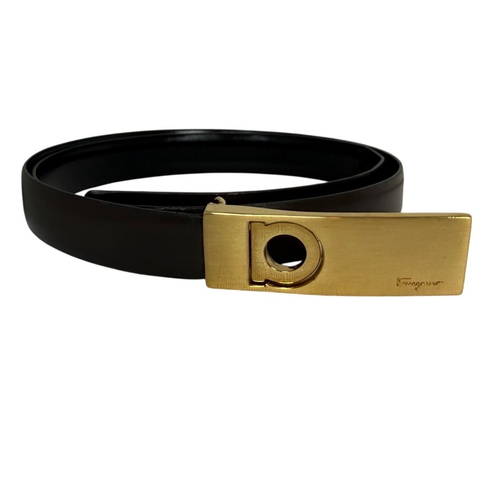 Salvatore Ferragamo Women's Brown Leather Belt Gold Gancini Logo Buckle, 33"